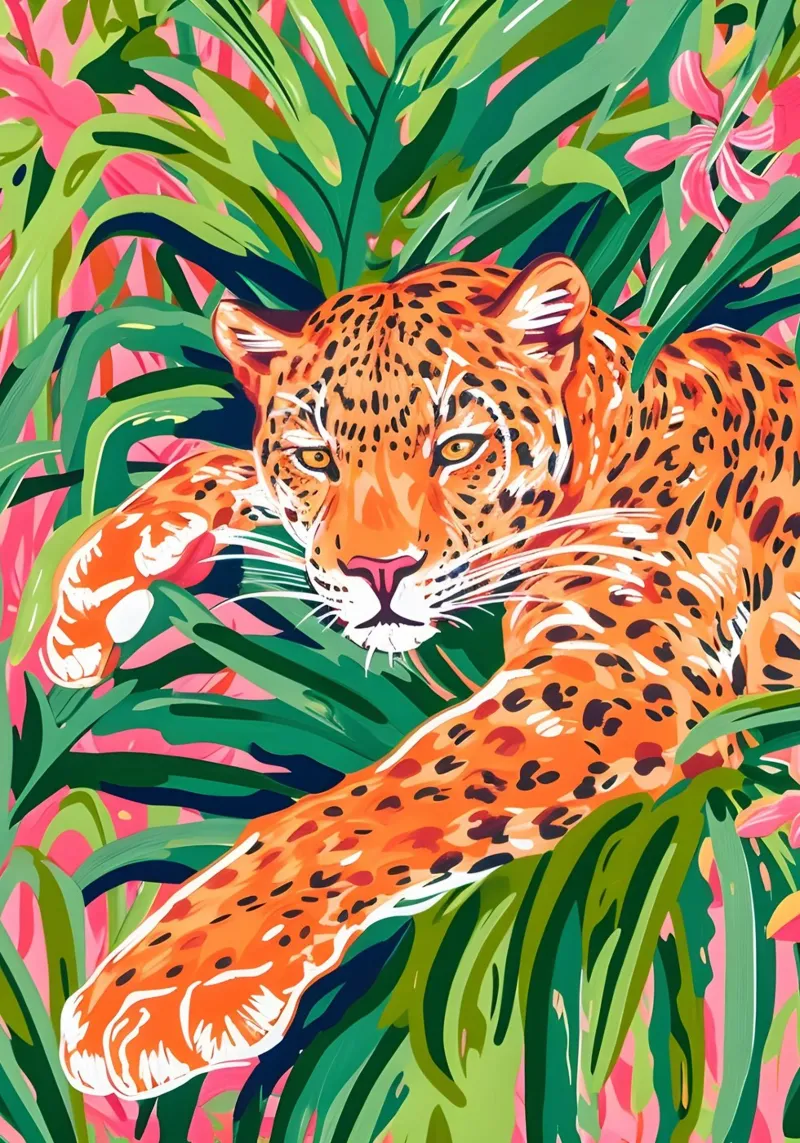 Dschungel-Leopard - Lebendiger tropischer Pop-Art-Druck Leinwand mit Schattenfugenrahmen von dawnthesea