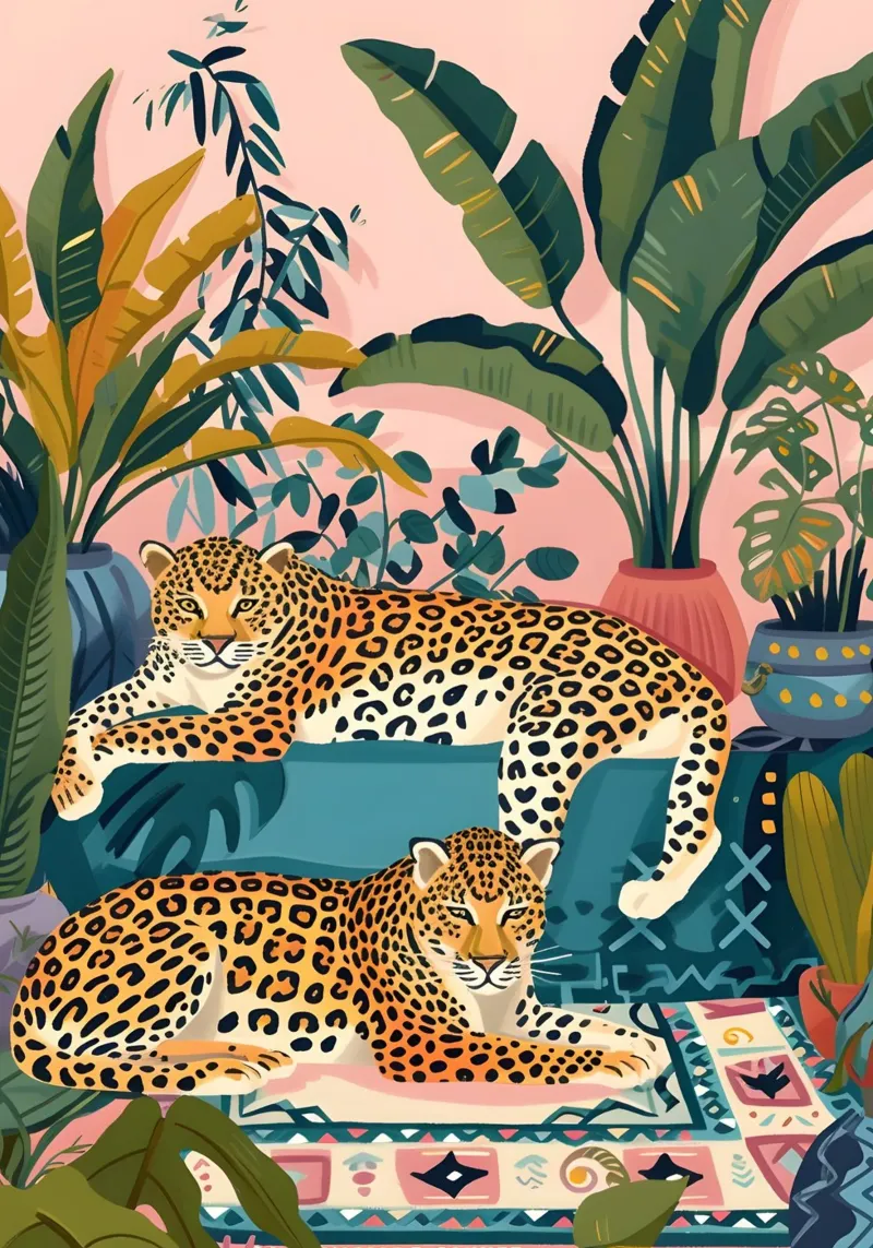 Leopards in Potted Jungle - Bohemian Art Print poster by dawnthesea