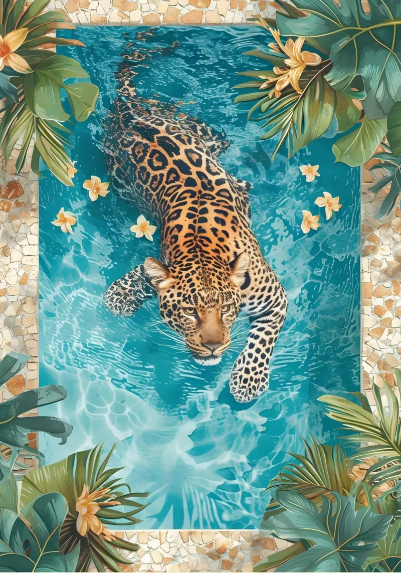 Léopard dans la piscine - Tropical Fantasy Art Print toile avec Caisse américaine de dawnthesea