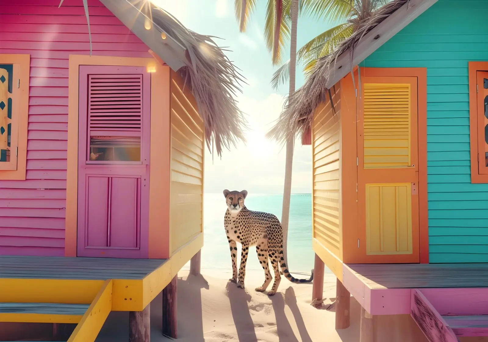 Ghepardo alle capanne sulla spiaggia - Stampa pop art a pastello tela con Cornice a cassetta da dawnthesea