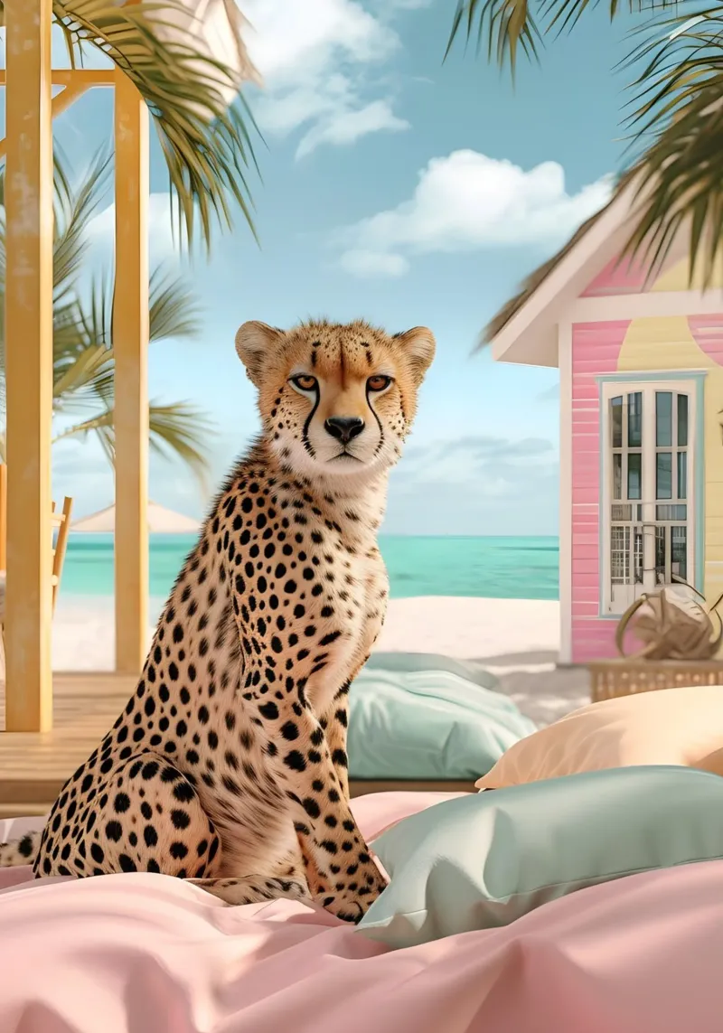 Gepard auf Strandbett - Pastell Pop Art Druck Leinwand mit Schattenfugenrahmen von dawnthesea