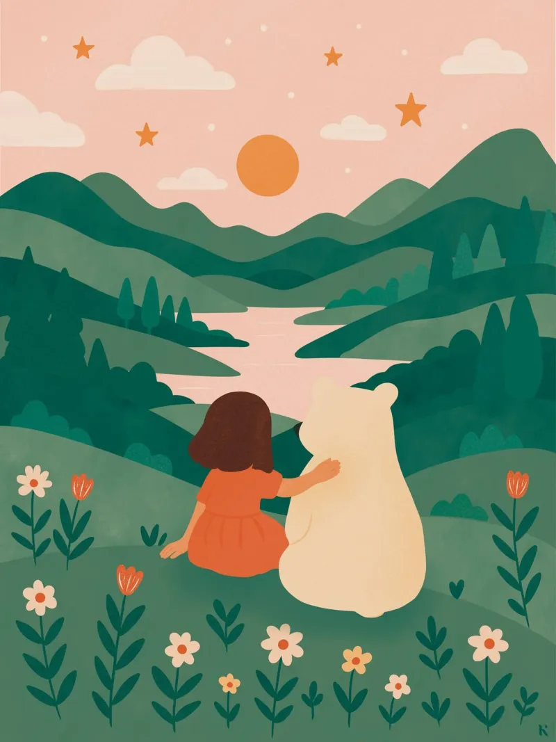 La bambina e l'orso poster con telaio in alluminio da kokoprint