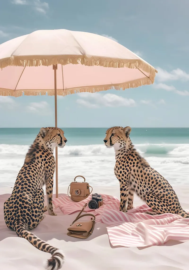 Appuntamento in spiaggia Chic Cheetahs | Scena costiera pastello tela con Cornice a cassetta da dawnthesea