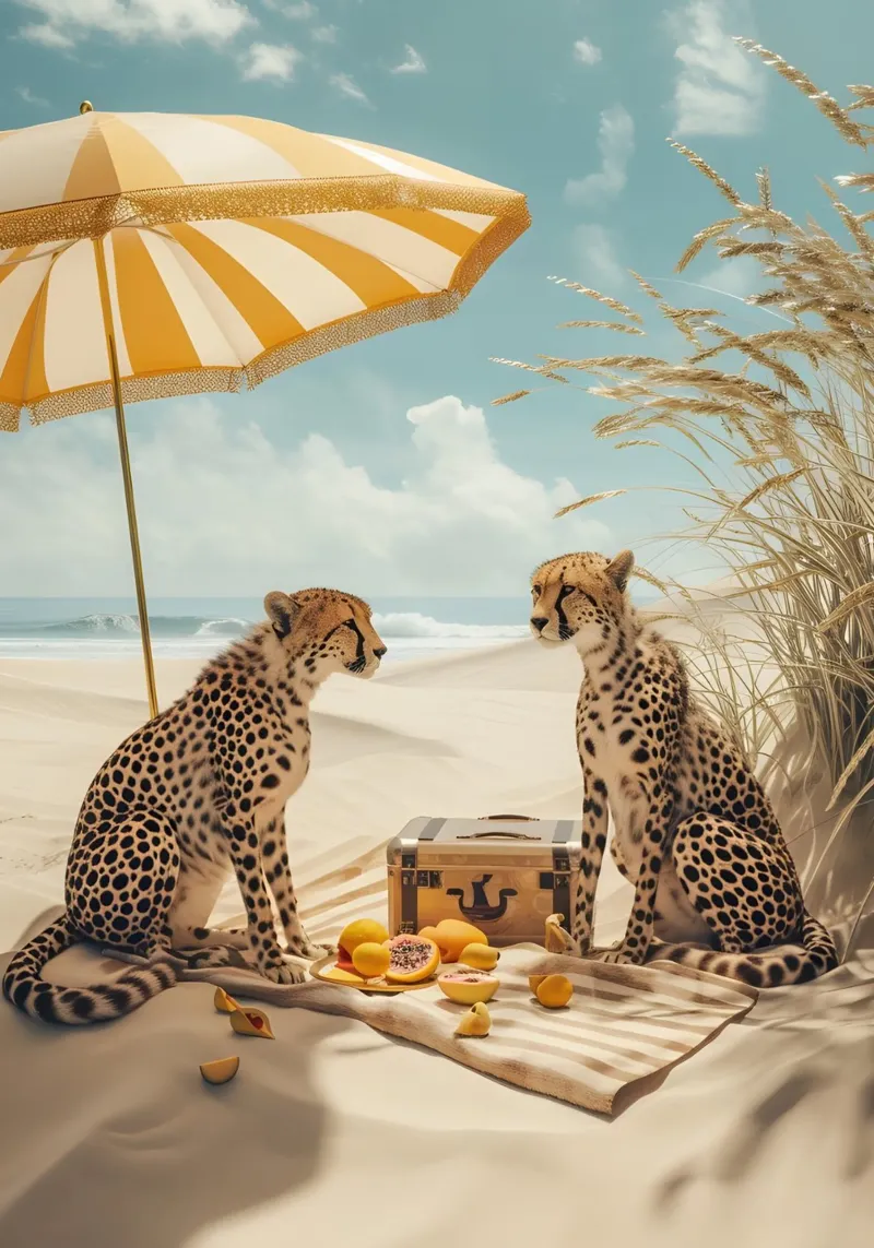 Ghepardi sulla spiaggia, picnic esotico Poster d'arte digitale tela con Cornice a cassetta da dawnthesea