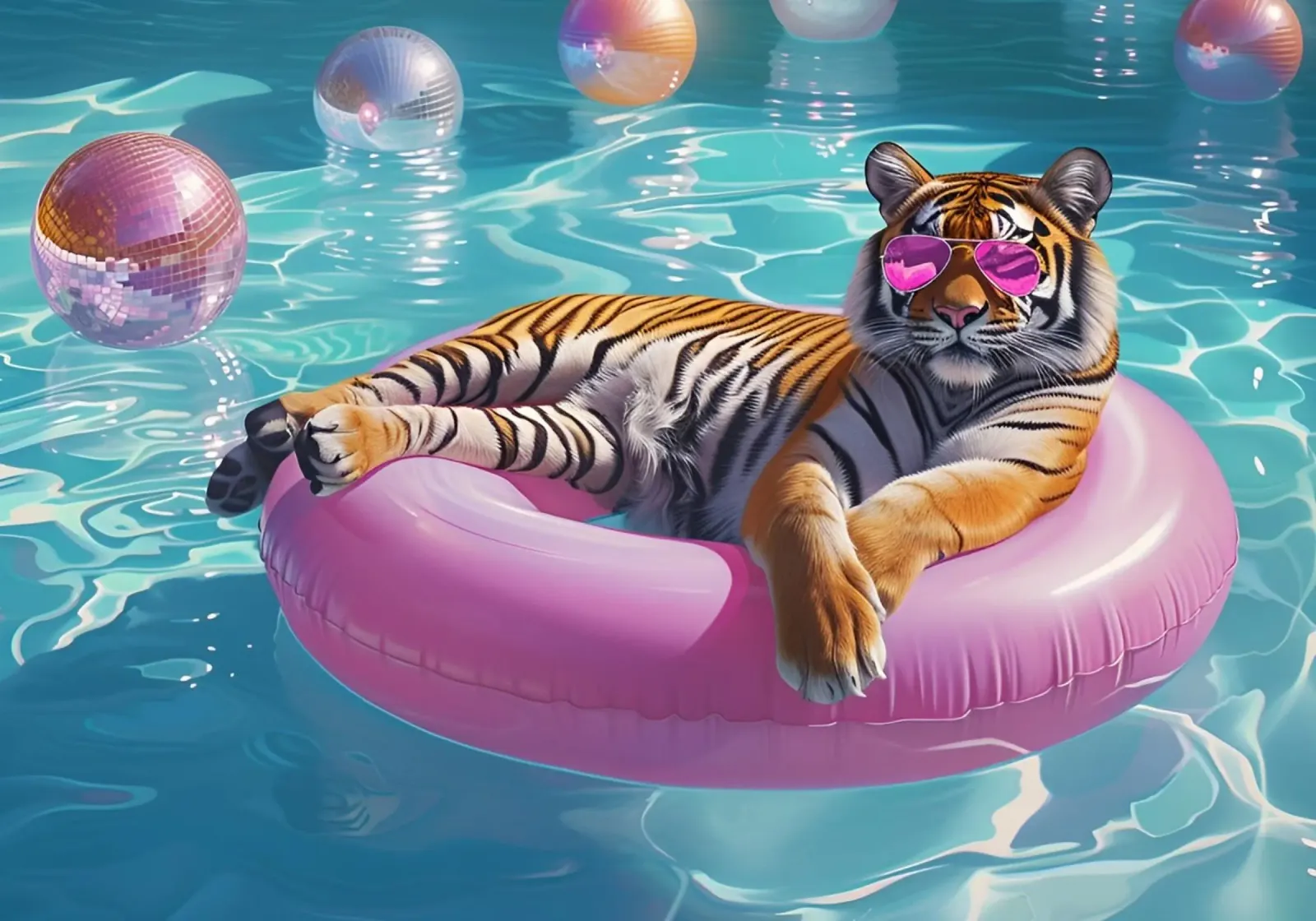 Tigre con occhiali da sole in rosa, palla da discoteca festa in piscina poster da dawnthesea