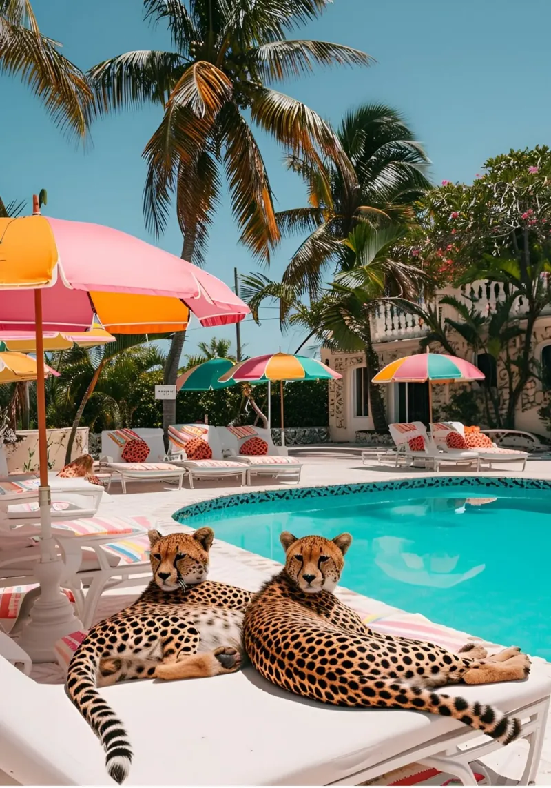 Ghepardi in piscina, manifesto estetico di Palm Beach tela con Cornice a cassetta da dawnthesea