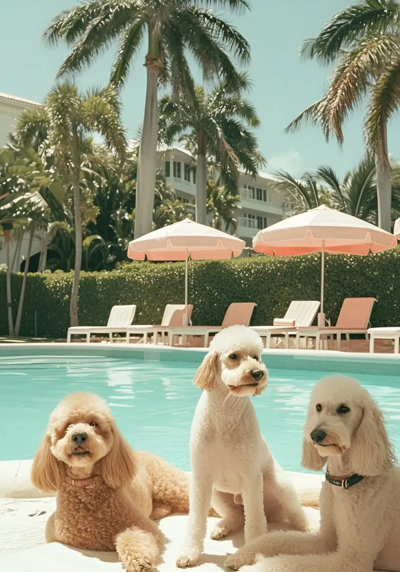 Barboncini in piscina, Palm Beach Stampa d'arte retrò tela con Cornice a cassetta da dawnthesea