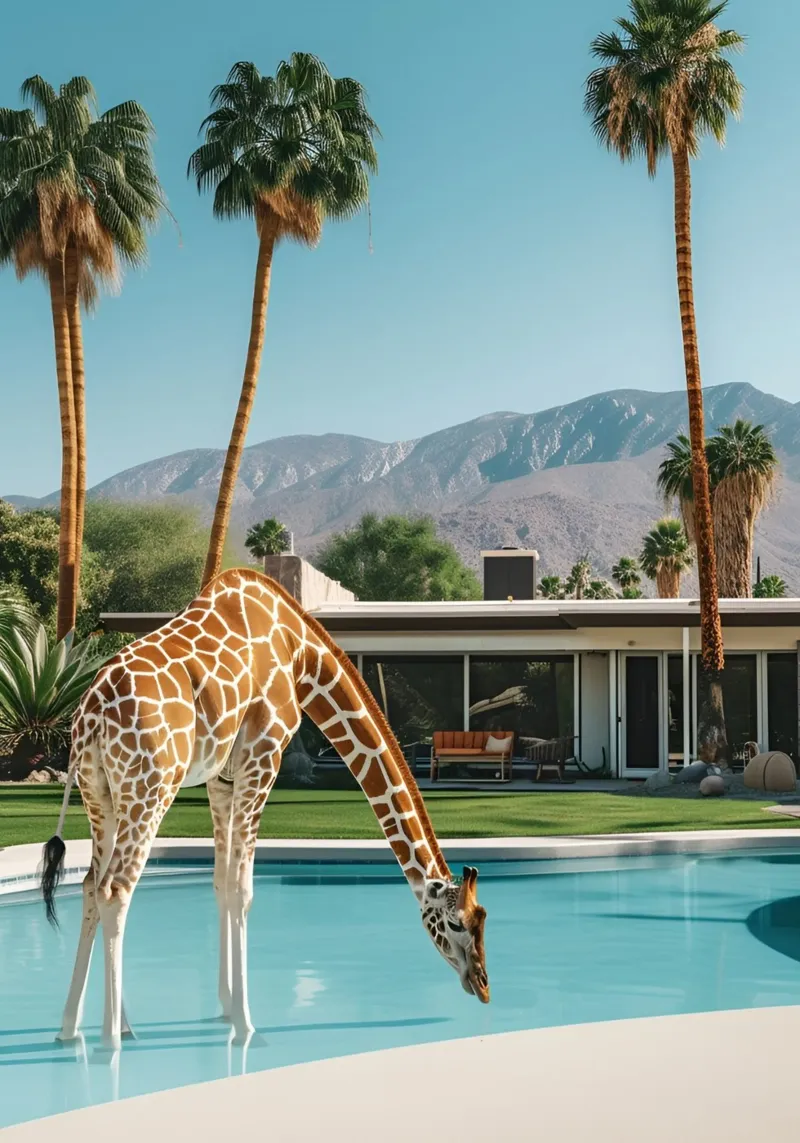 Giraffe am Pool, Moderner Kunstdruck aus der Jahrhundertmitte Leinwand mit Schattenfugenrahmen von dawnthesea