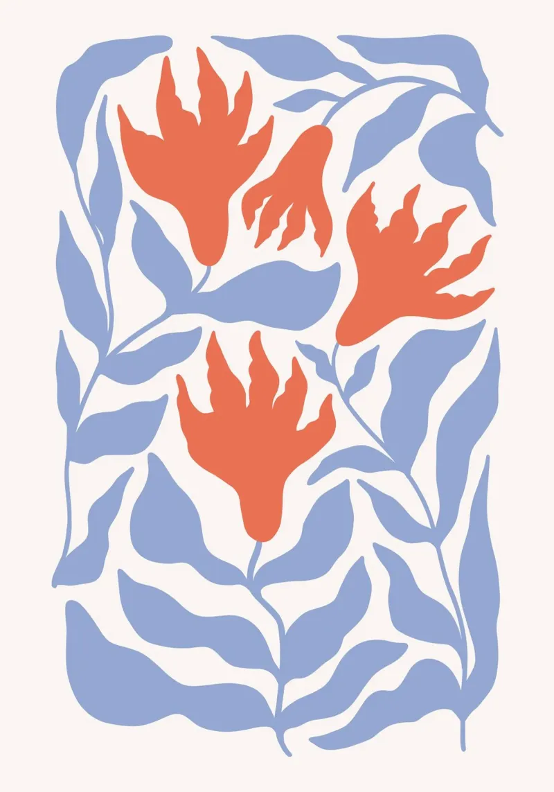 Fiori astratti in terracotta e foglie blu, arte murale Boho tela con Cornice a cassetta da dawnthesea