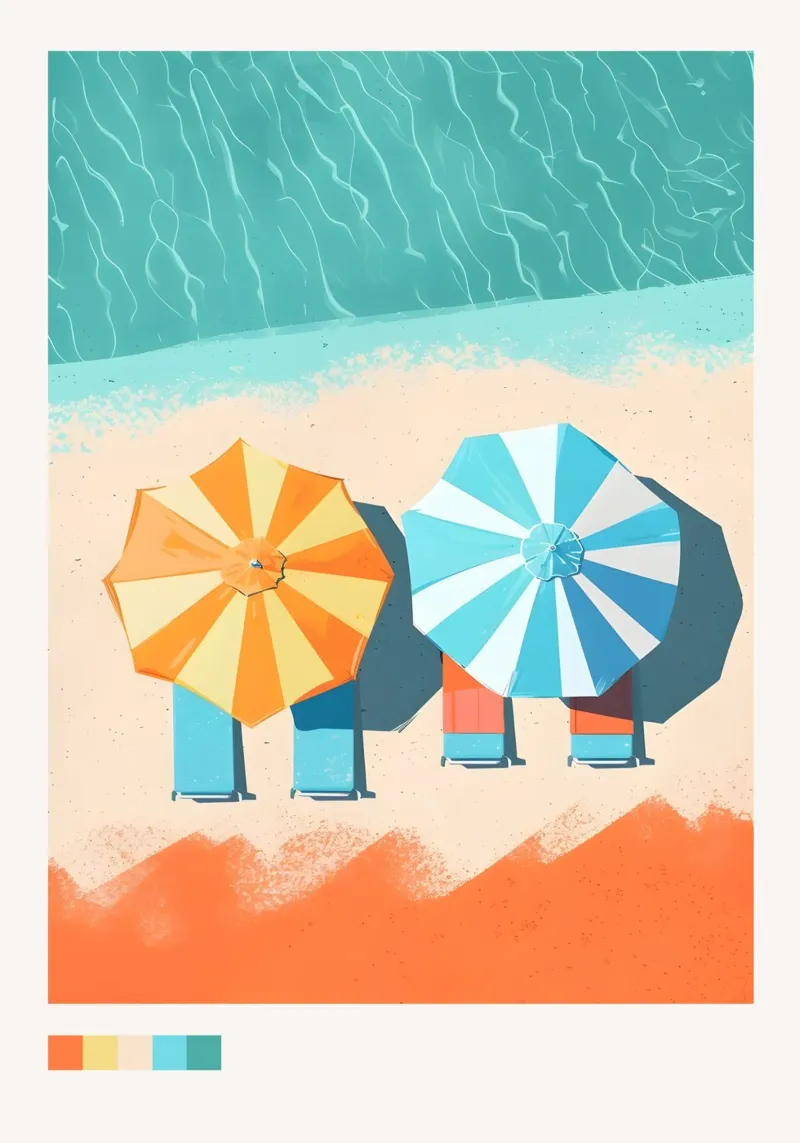 Vista aerea della spiaggia, ombrelloni arancioni e blu poster da dawnthesea