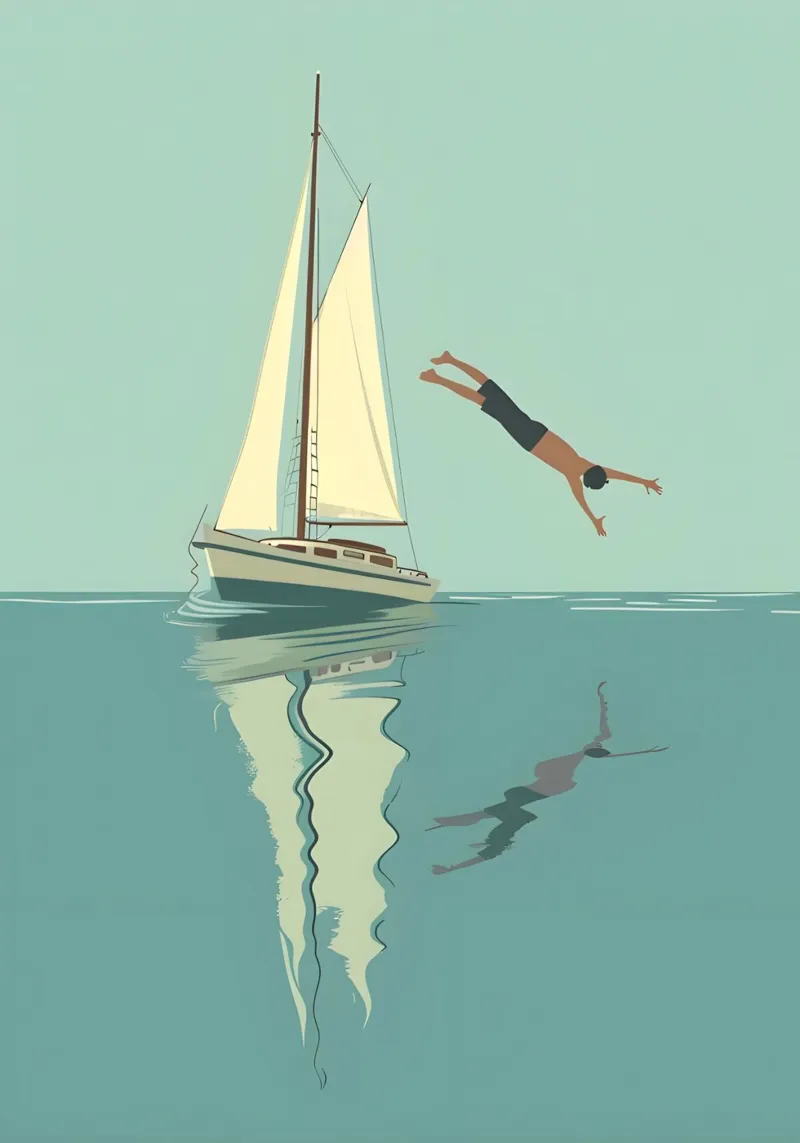 Sailboat and Diver, Serene Coastal Art Print canvas with Floater frame by dawnthesea