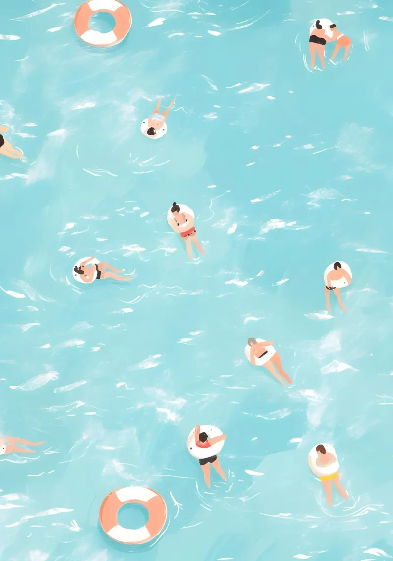 Festa in piscina, illustrazione aerea estiva tela con Cornice a cassetta da dawnthesea