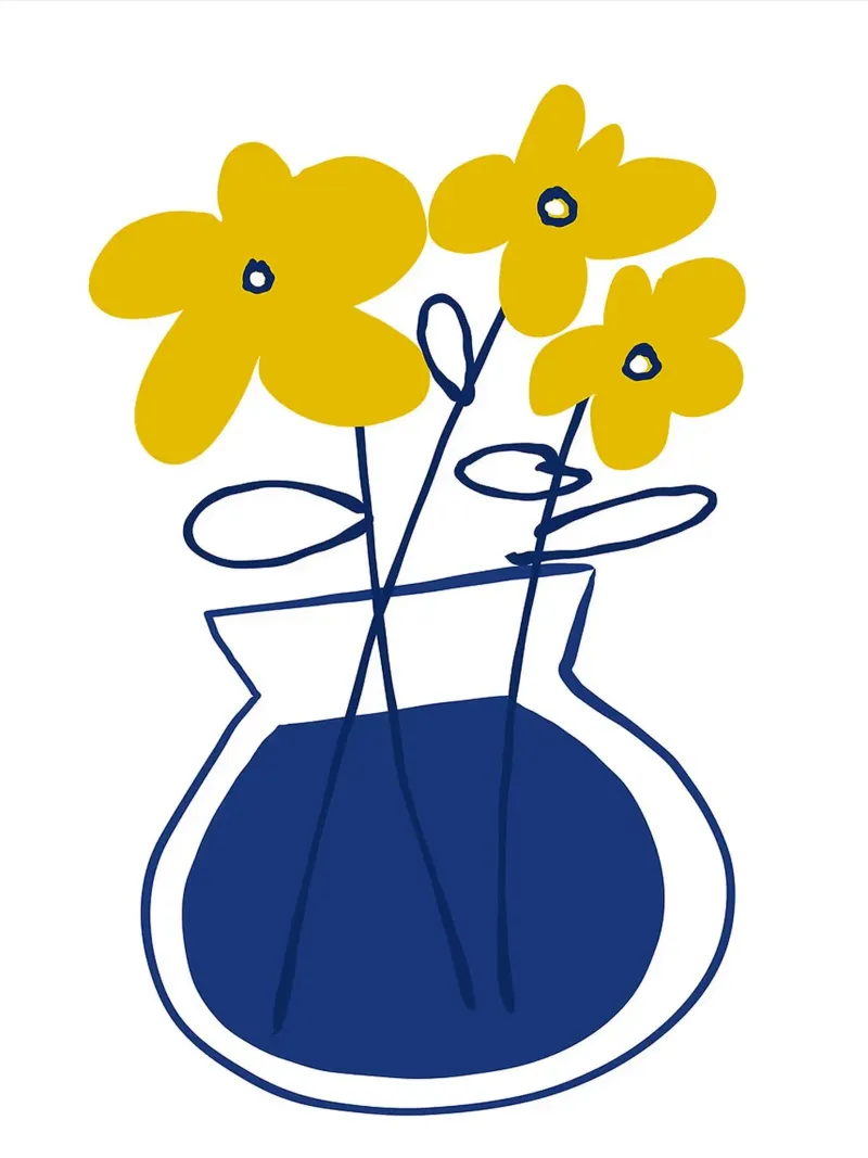 Fiori gialli in vaso blu poster da Liam Johnson