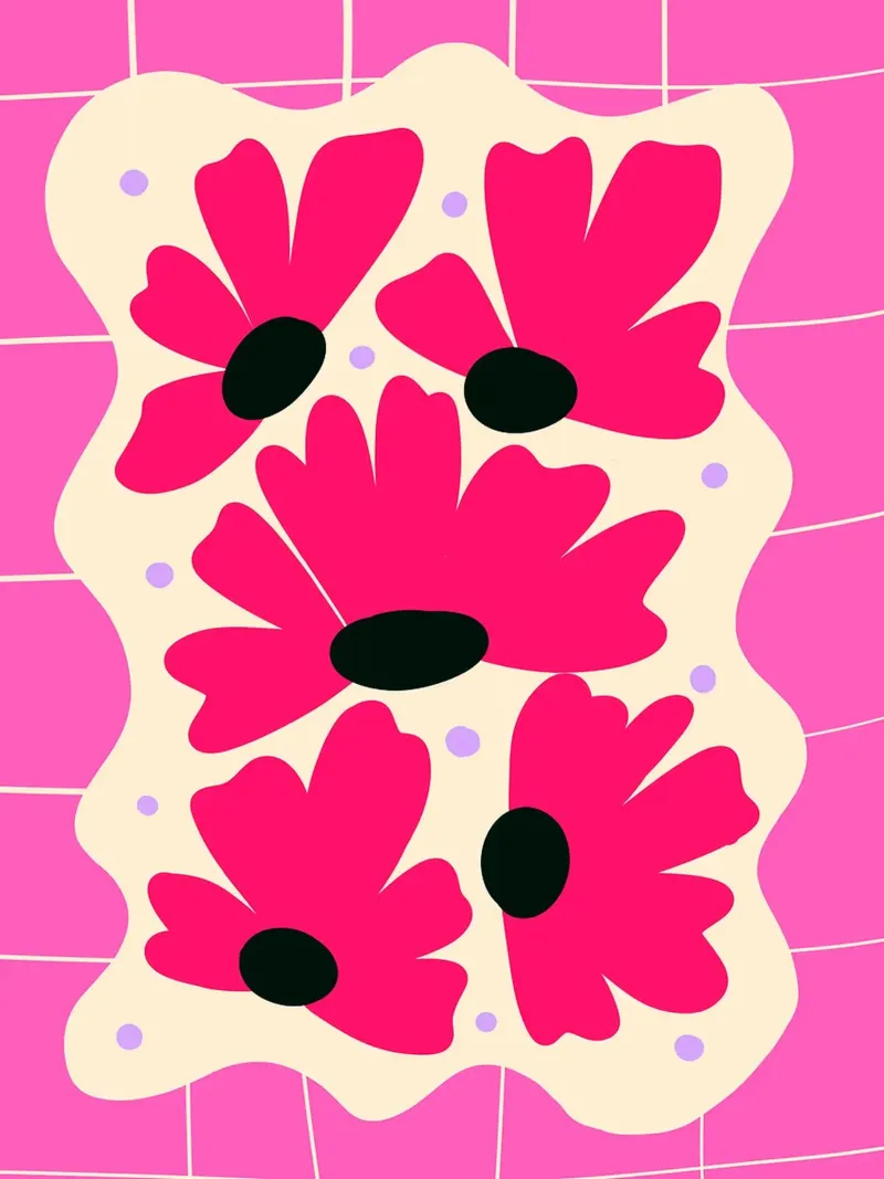 Floral rosa sobre cuadrícula rosa lienzo con Marco flotante de Noah Bouchard