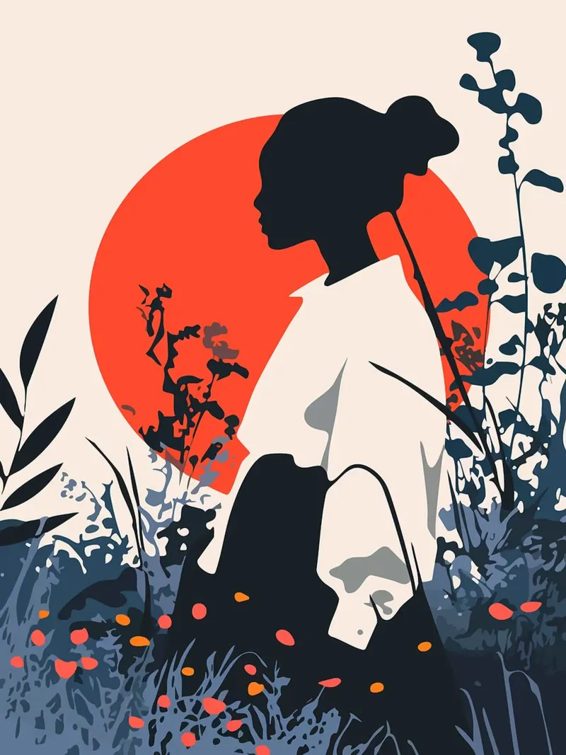 Silhouette di donna in campo rosso sole Illustrazione artistica minimalista poster con telaio in plastica da Charlotte Gagnon