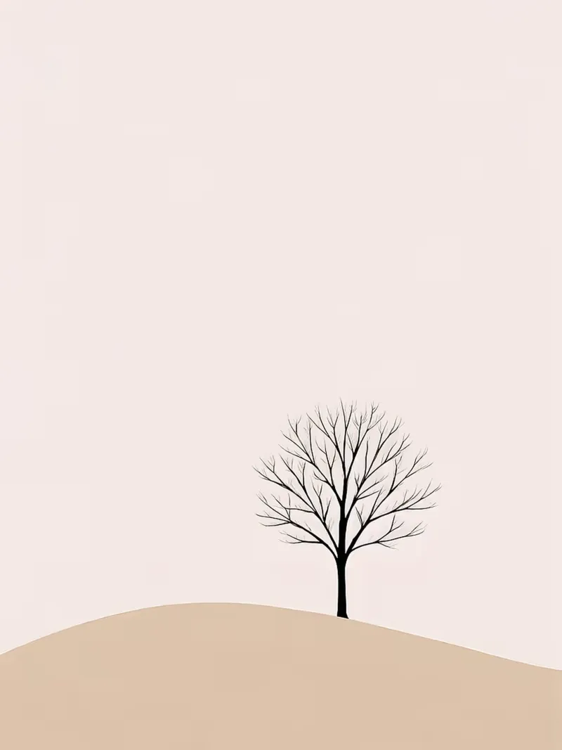 Eenzaamheid op zand - Minimalistisch boom silhouet canvas met Baklijst van Hiroto Mori