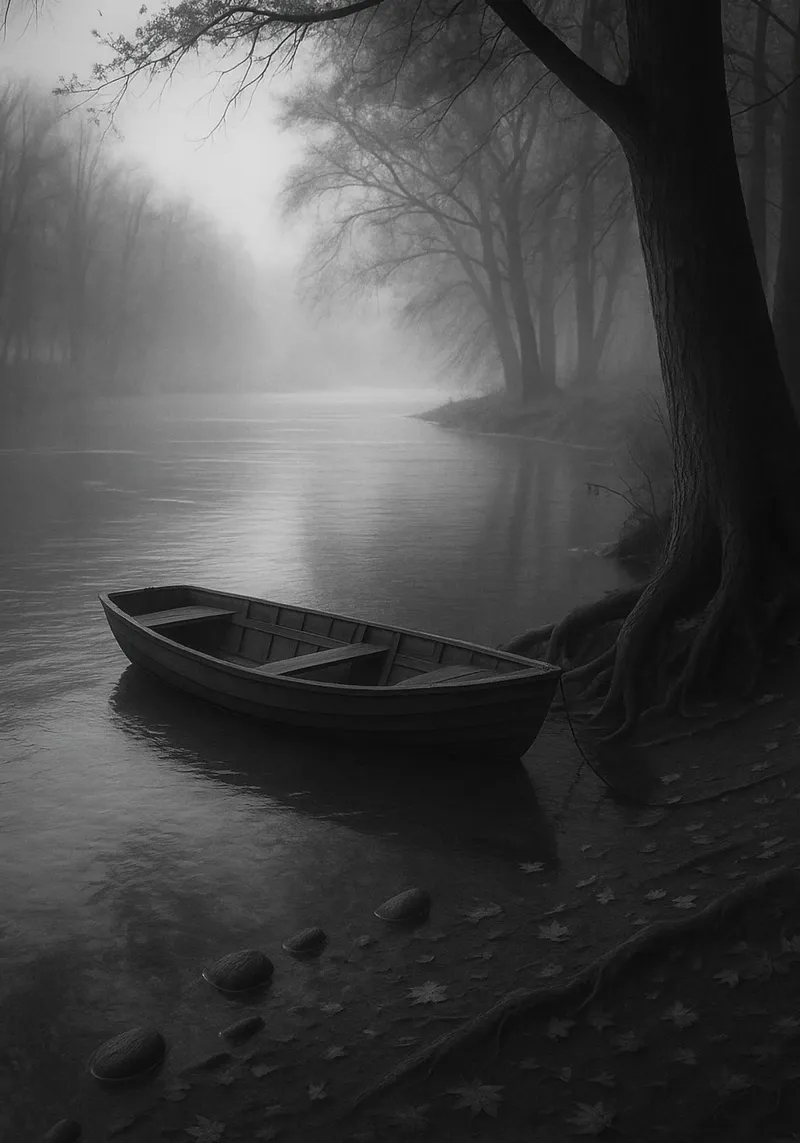 barca parcheggiata al molo del lago fotografia in bianco e nero tela con Cornice a cassetta da roosses