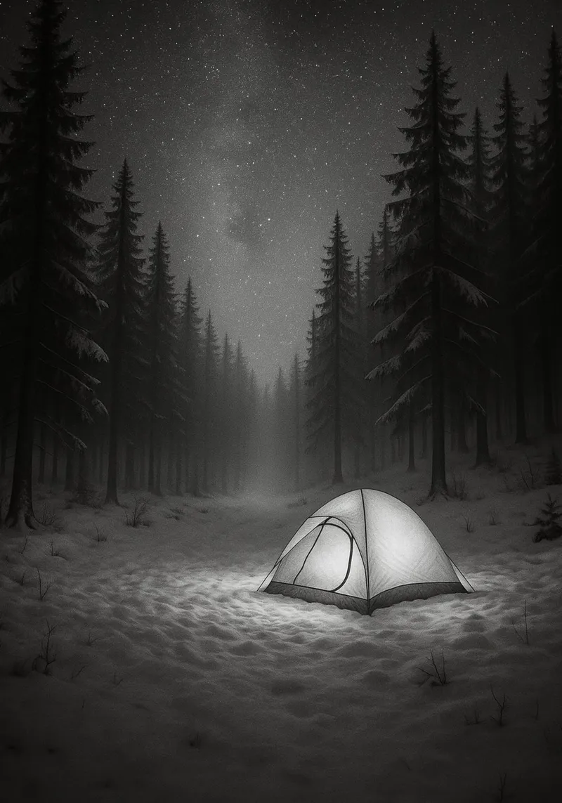camping dans la forêt enneigée photographie en noir et blanc toile avec Caisse américaine de roosses