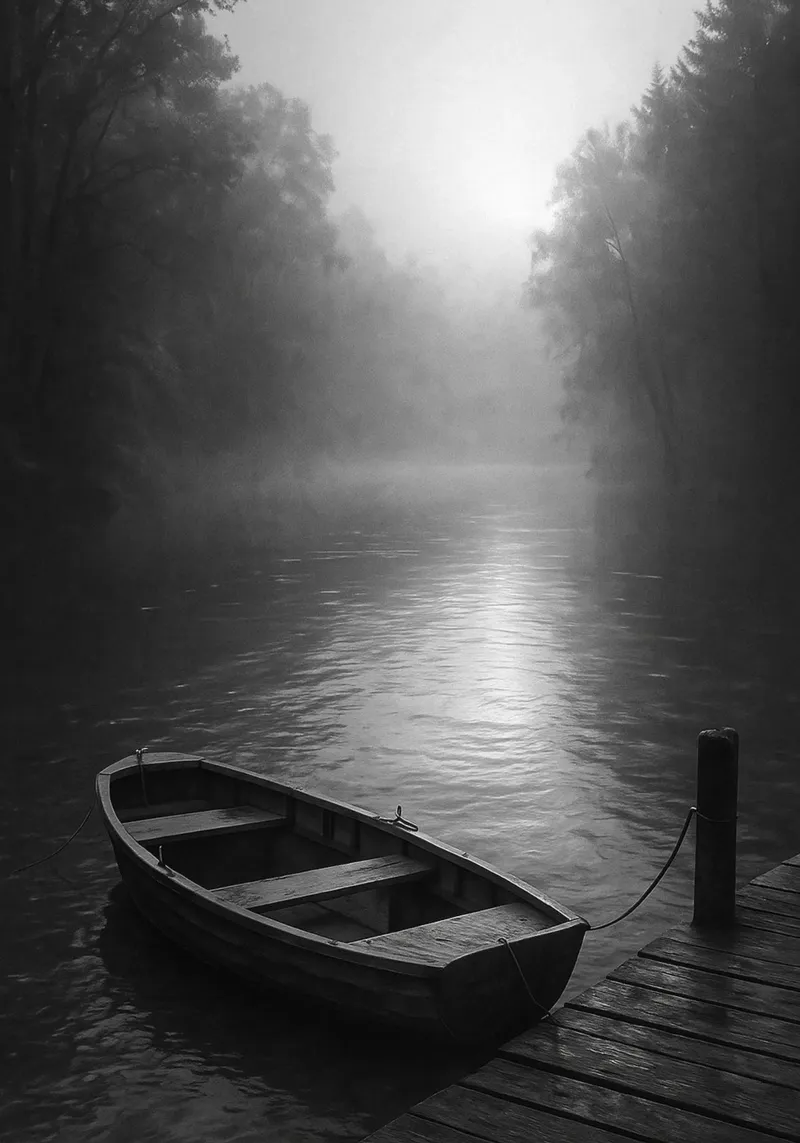 canoa parcheggiata al molo del fiume fotografia in bianco e nero poster da roosses