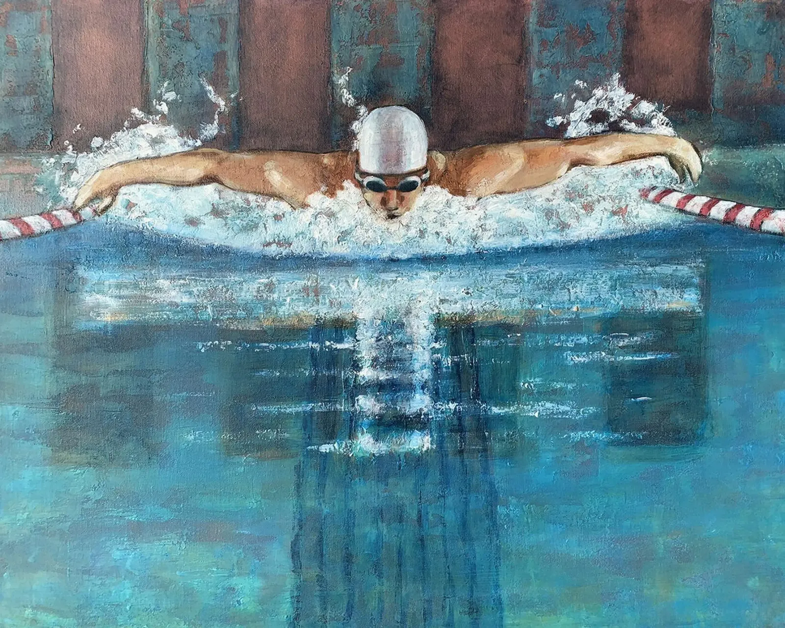 Nuotatore di delfini poster con telaio in legno da Wallace