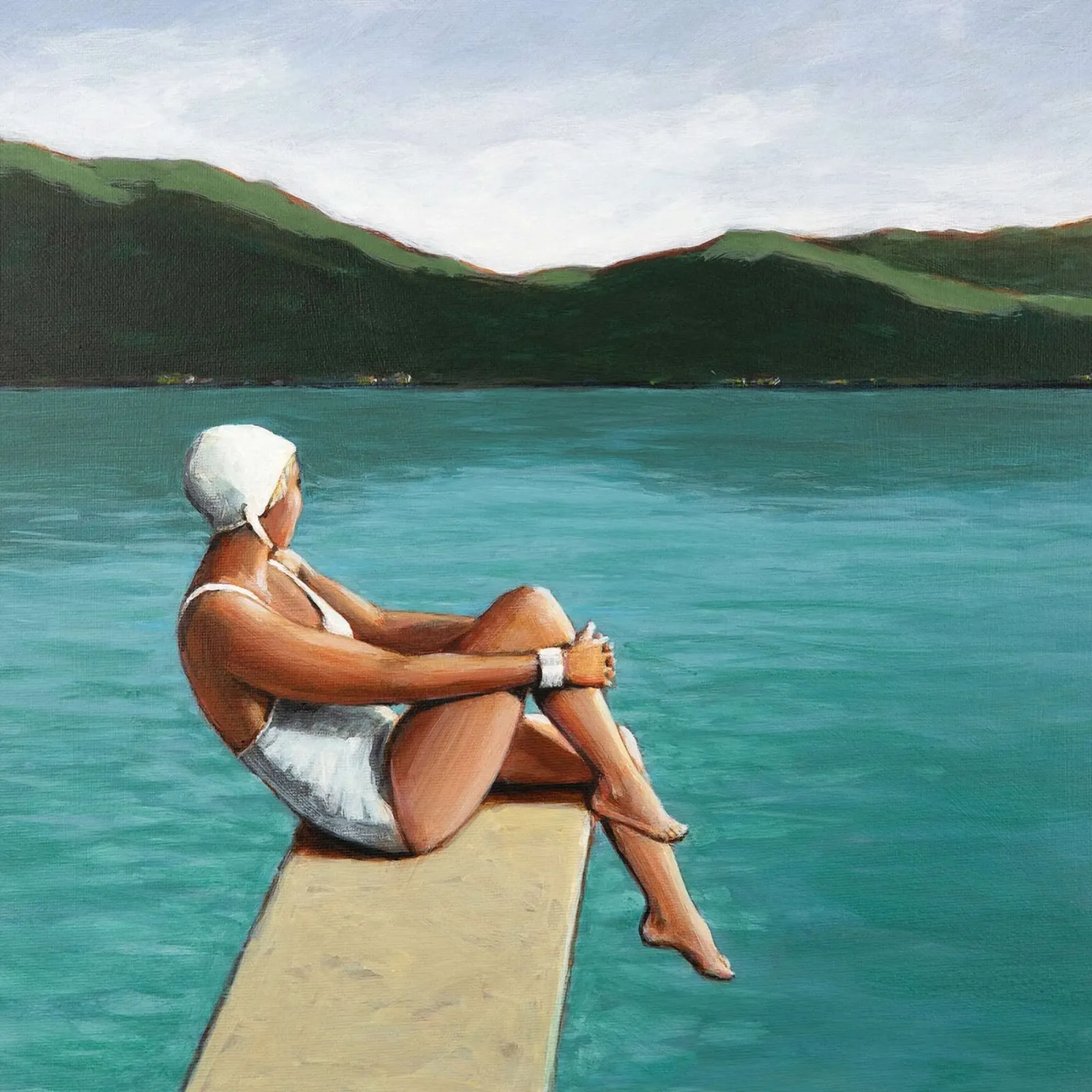 Nuotatore al lago poster con telaio in legno da Wallace