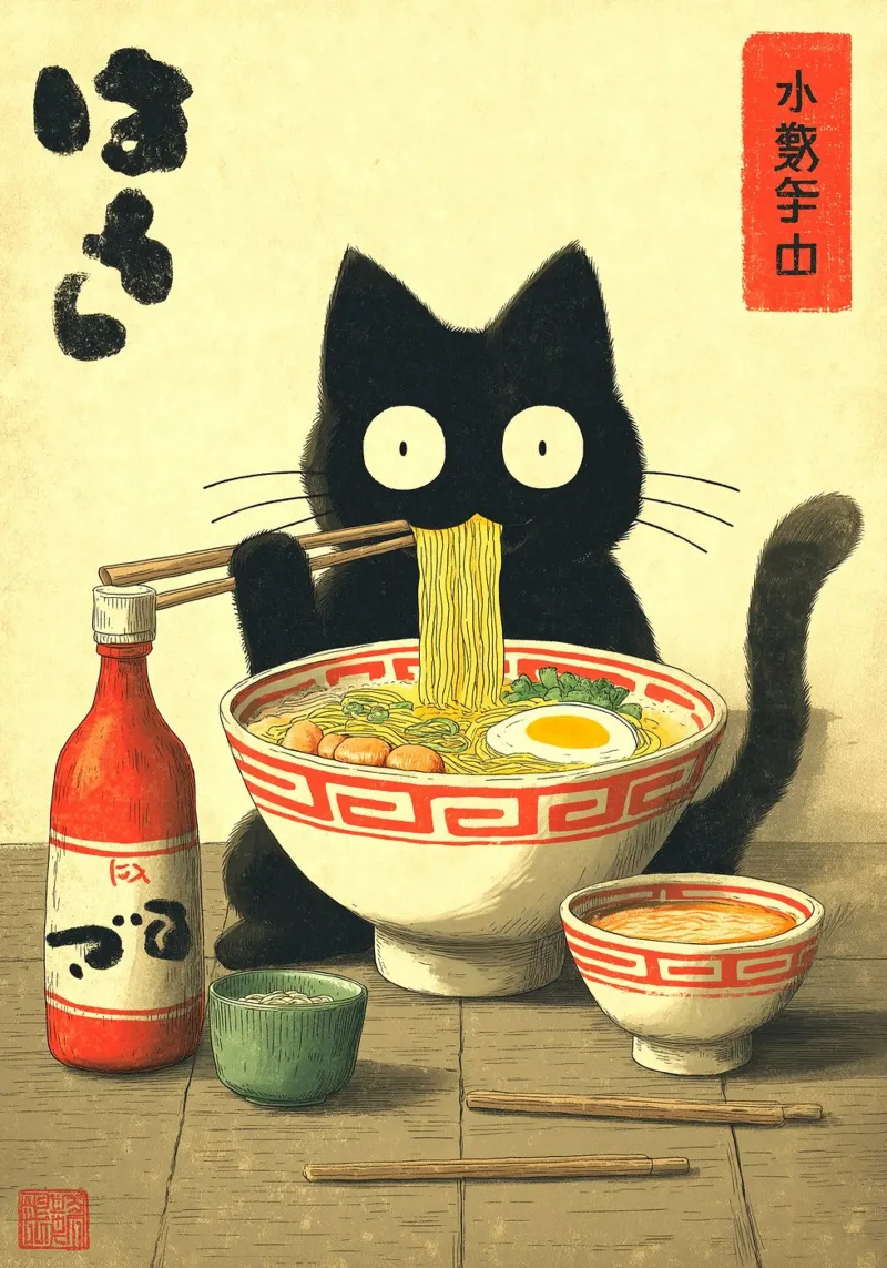 Kawaii zwarte kat die Ramen eet canvas met Baklijst van Cyberpunk Canvas
