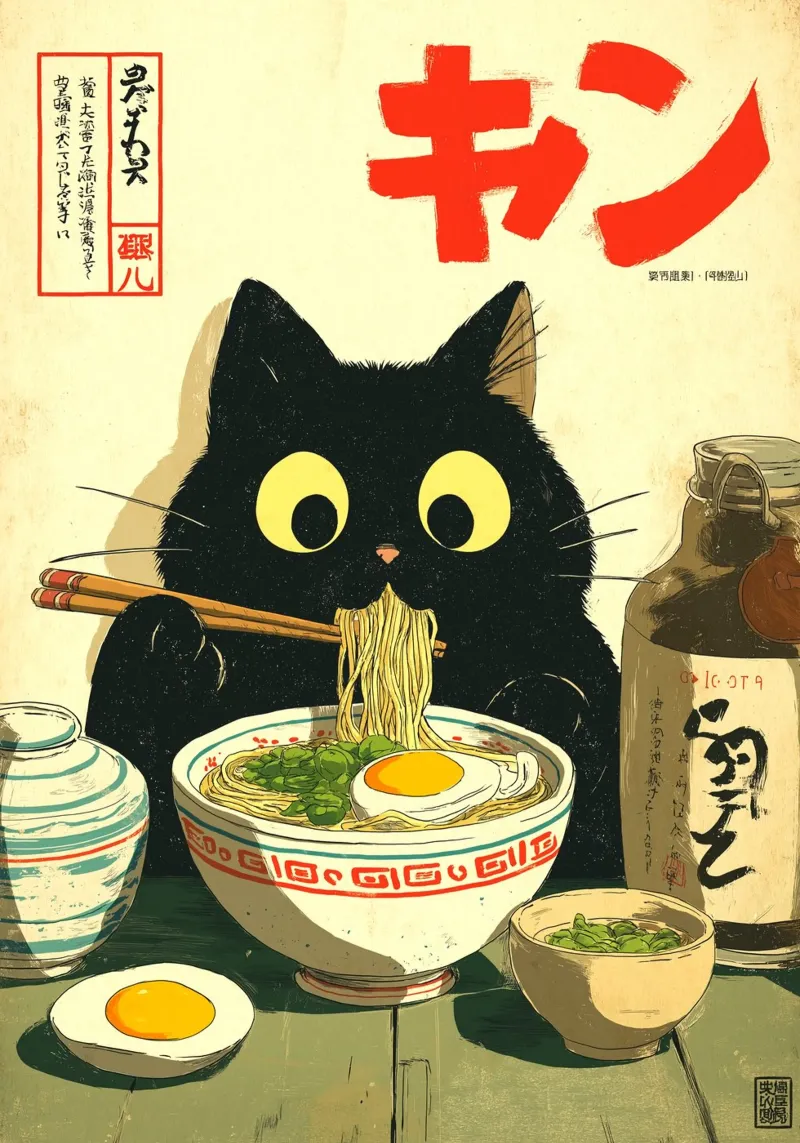 Kawaii zwarte kat die Ramen eet canvas met Baklijst van Cyberpunk Canvas