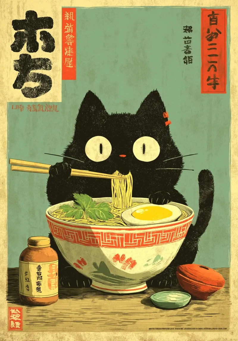 Chat noir kawaii mangeant des ramen toile avec Caisse américaine de Cyberpunk Canvas