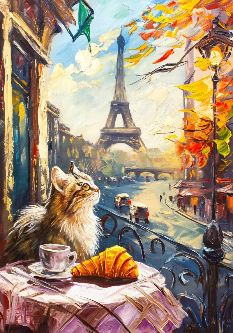 Gatto parigino con croissant e caffè poster con telaio in plastica da Cyberpunk Canvas