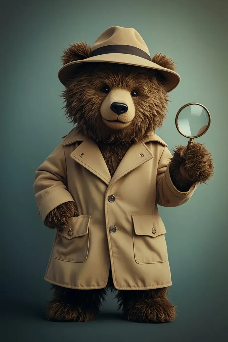 Orso detective con lente d'ingrandimento poster con telaio in alluminio da DesignDoodle