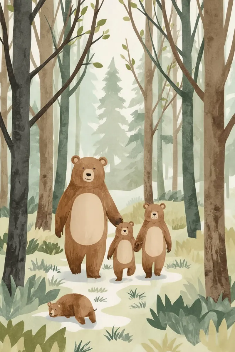 Famiglia di orsi a passeggio nella foresta nebbiosa tela con Cornice a cassetta da DesignDoodle