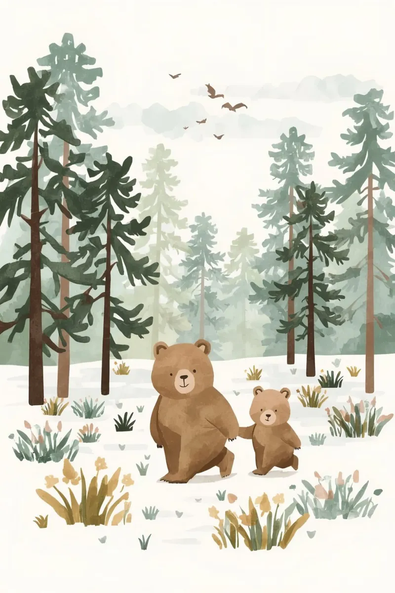 Mutter und ihr Bärenkind im kalten verschneiten Wald Leinwand mit Schattenfugenrahmen von DesignDoodle
