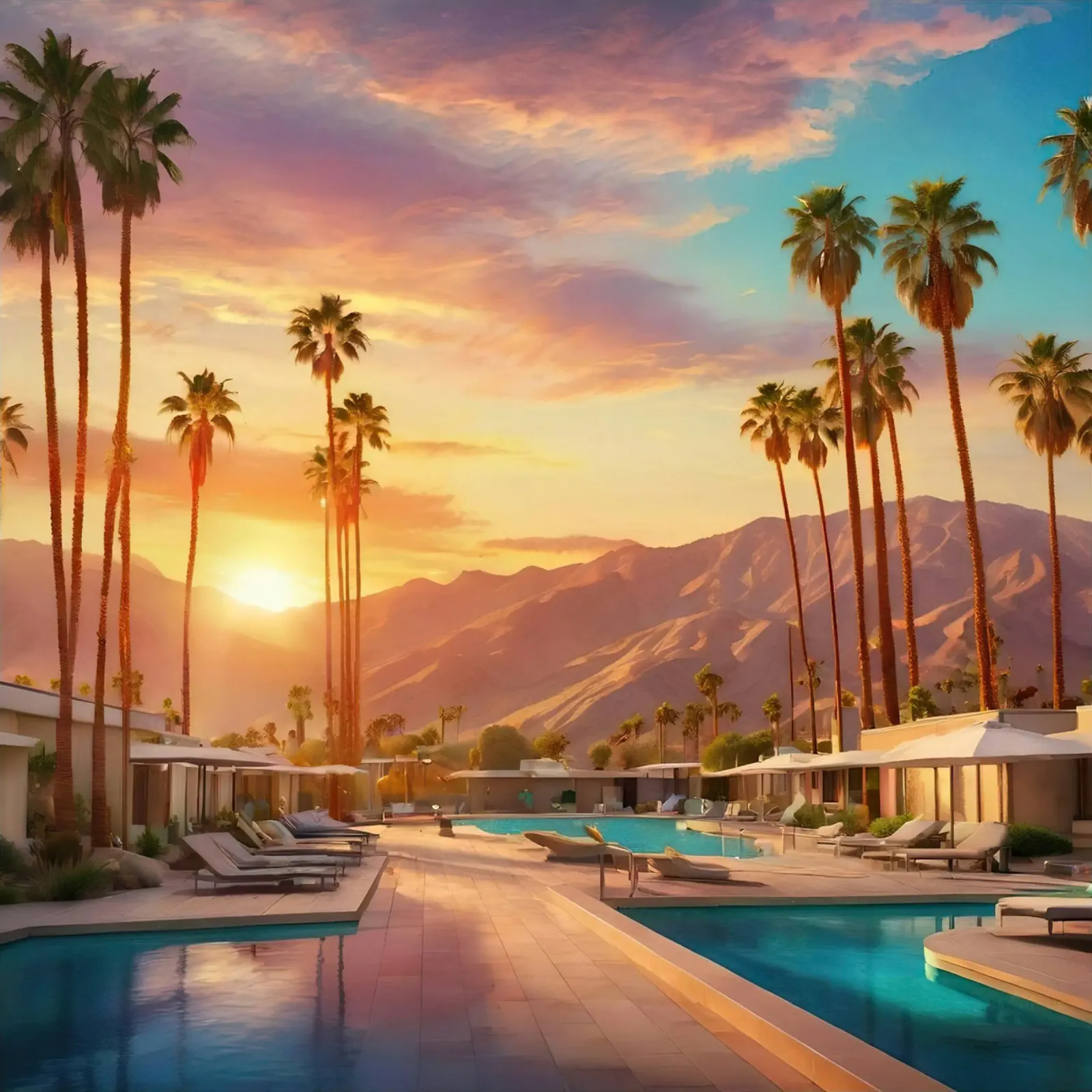 Palm Springs Resort At Sunset canvas with Floater frame by Leonard Barreiro