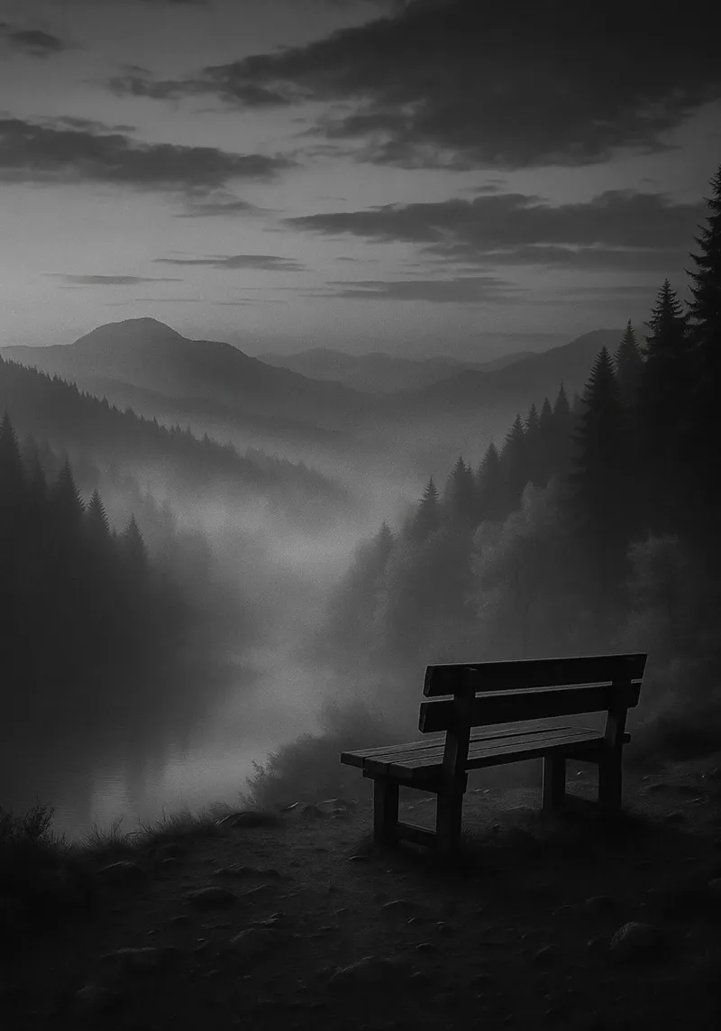 sedia di legno con vista sulla valle di montagna in bianco e nero poster da roosses