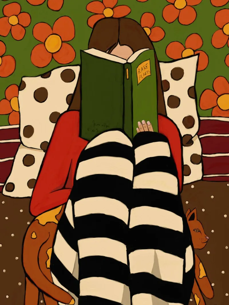 Cozy reading and a ginger cat Leinwand mit Schattenfugenrahmen von TijanaArtStudio88