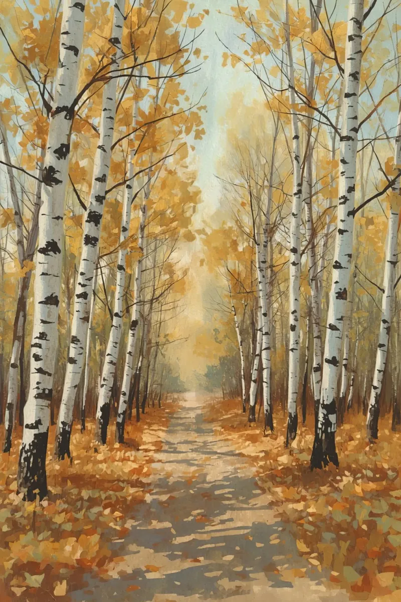 Il sentiero della foresta di betulle in autunno poster con telaio in alluminio da DesignDoodle