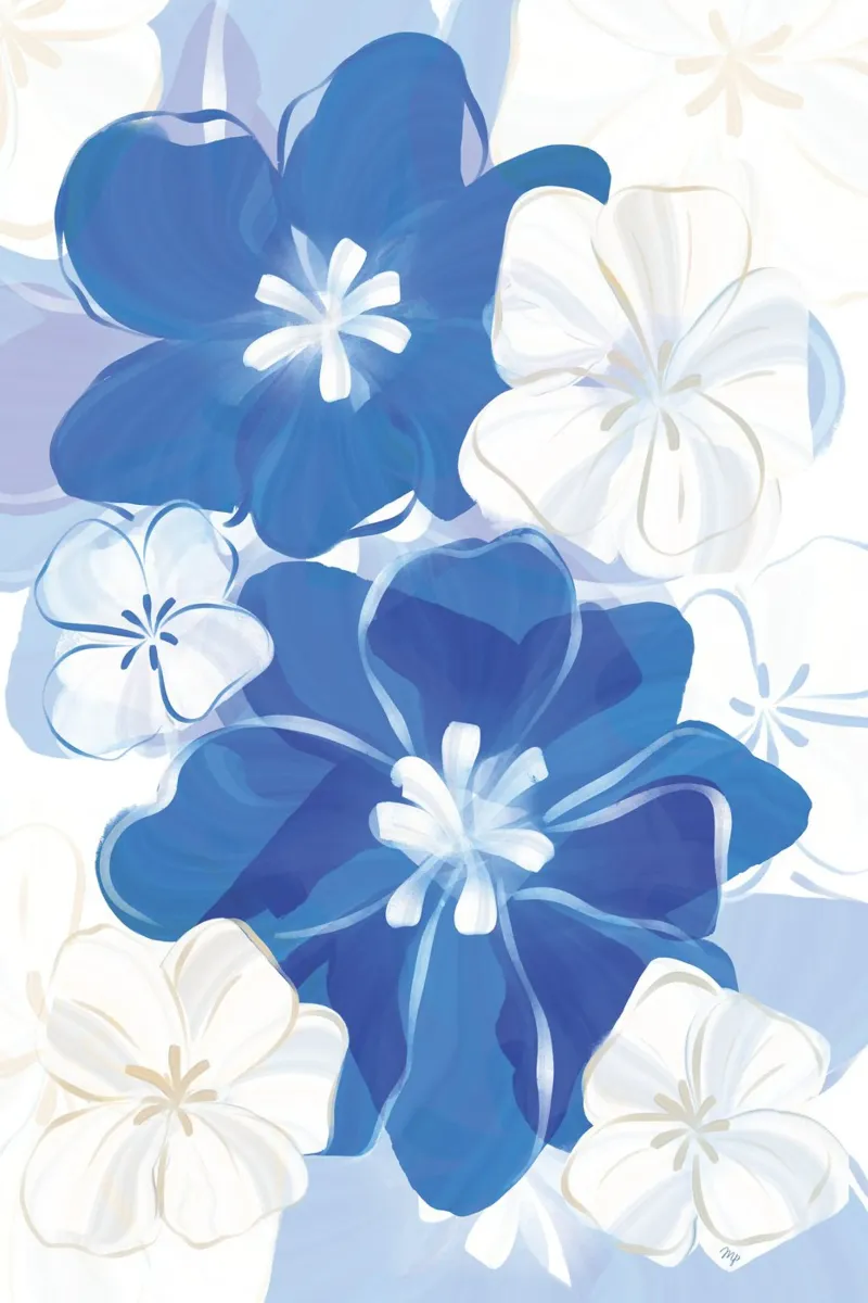 Blauw geverfde bloemen canvas met Baklijst van Martina
