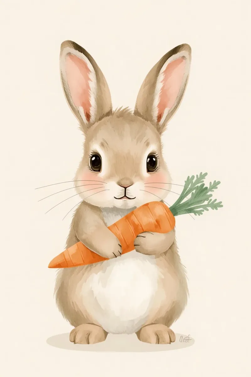 Coniglietto carino che abbraccia la sua carota poster con telaio in legno da DesignDoodle
