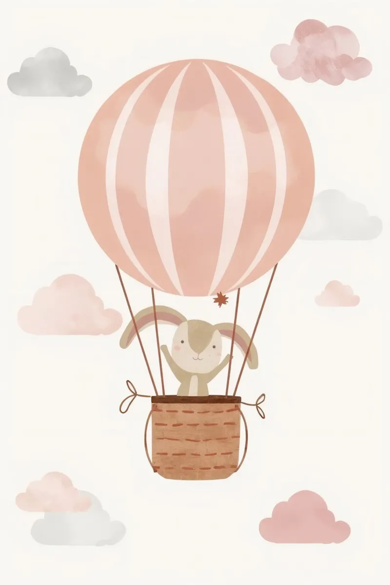 Lindo conejito en globo aerostático con nubes lienzo con Marco flotante de DesignDoodle