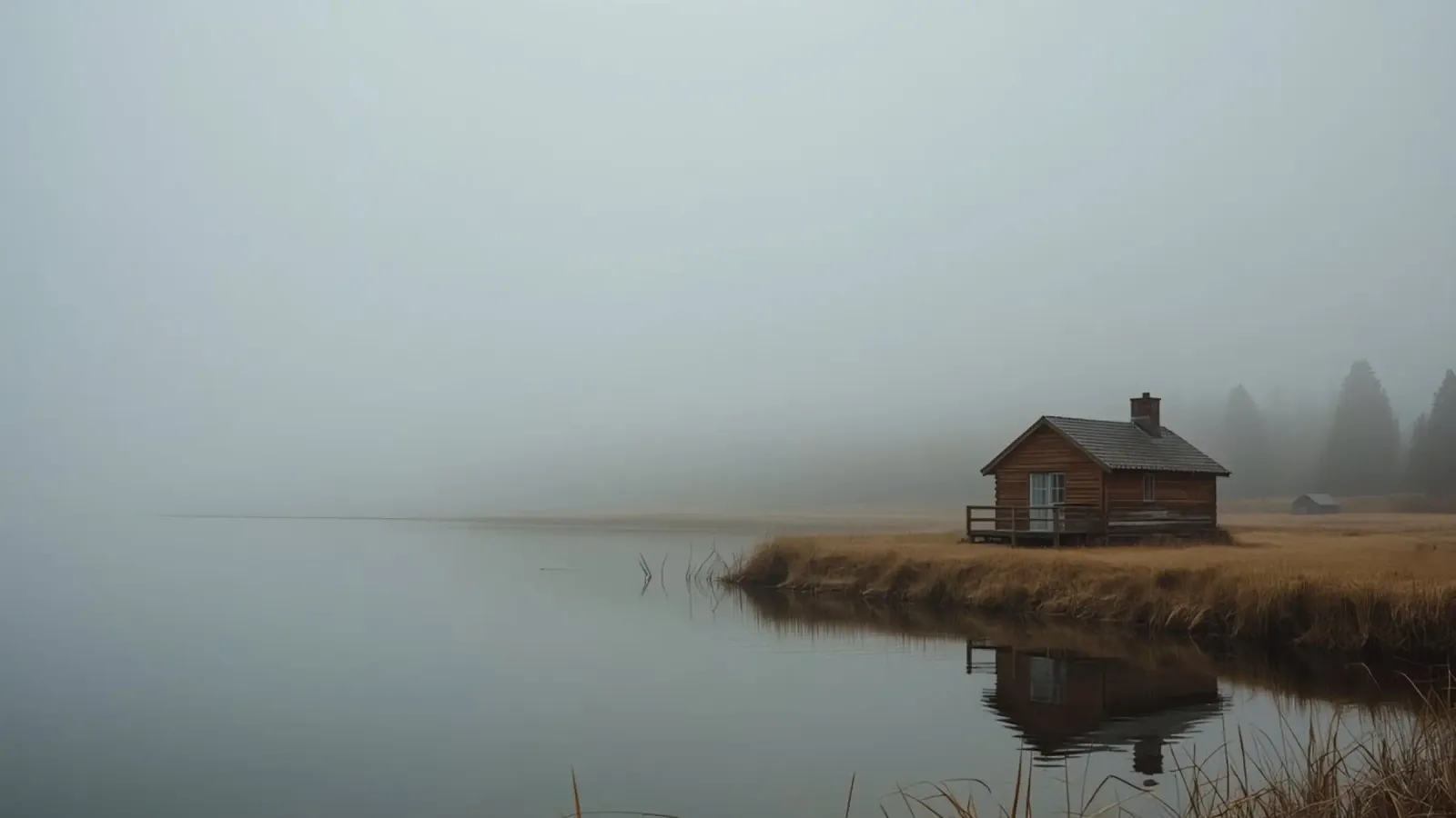 Cabin by Lake in Fog canvas with Floater frame by DesignDoodle