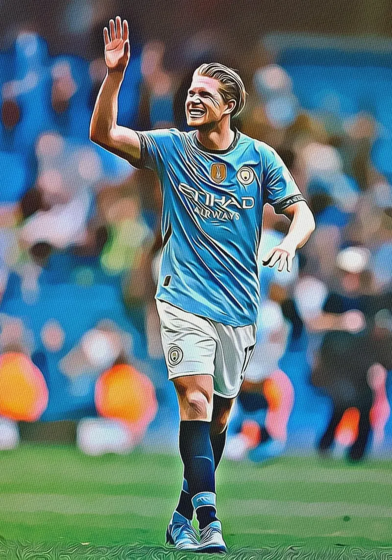 Kevin De Bruyne sorridente celebrazione Manchester City maglia P poster con telaio in alluminio da ArdanART