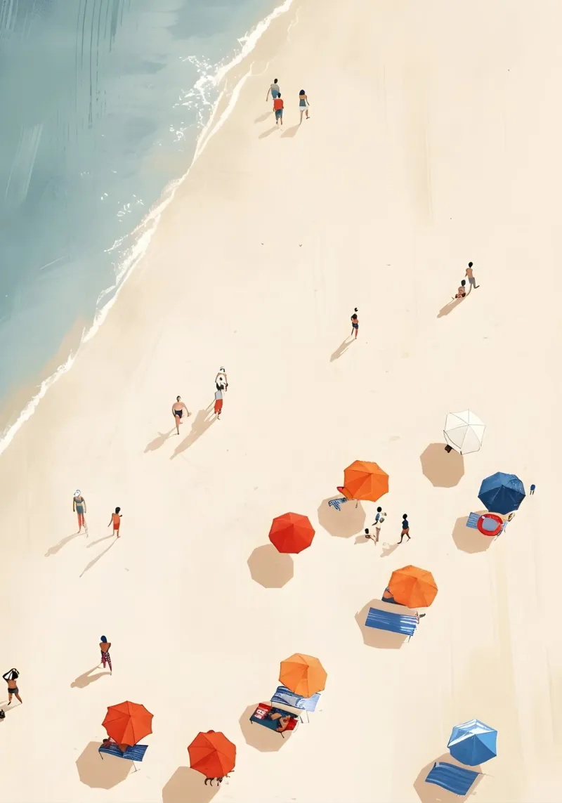 Aerial Beach View, Summer Umbrella Art canvas with Floater frame by dawnthesea