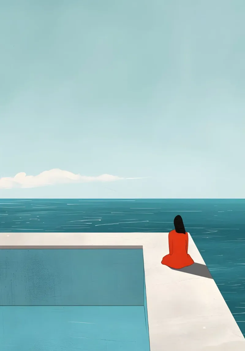 Rode jurk bij het zwembad, serene kustkunst canvas met Baklijst van dawnthesea