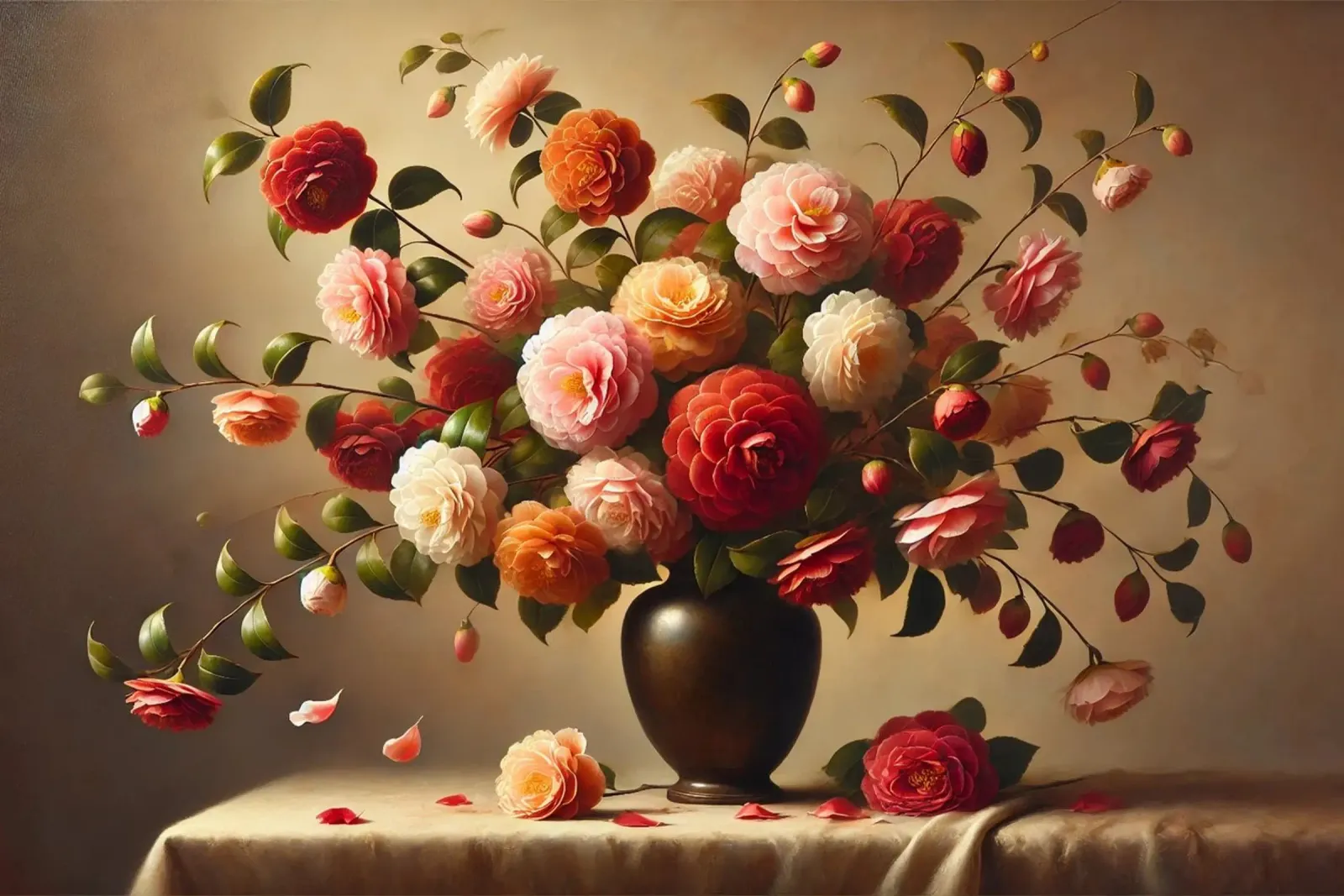 Bouquet di camelie vittoriane poster con telaio in legno da VintageBotanics