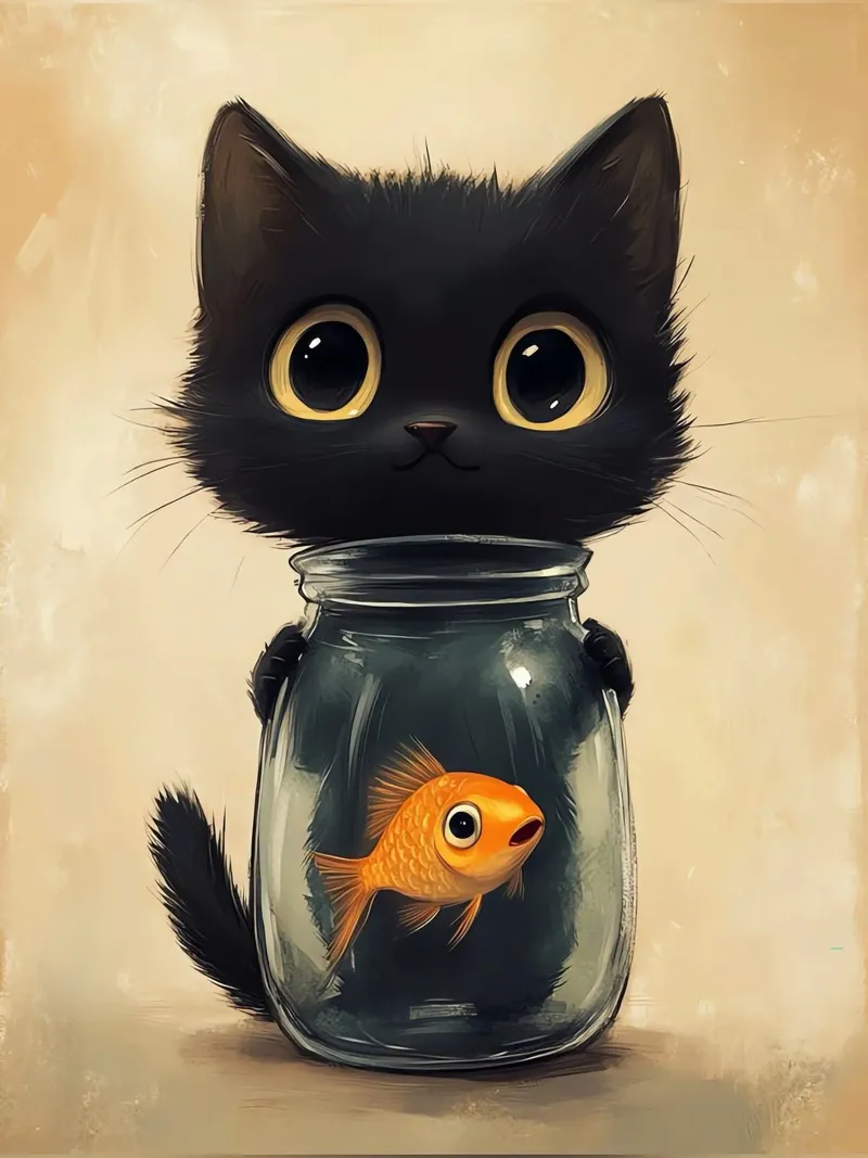 Die neugierige Katze und der Goldfisch Leinwand mit Schattenfugenrahmen von Arjun