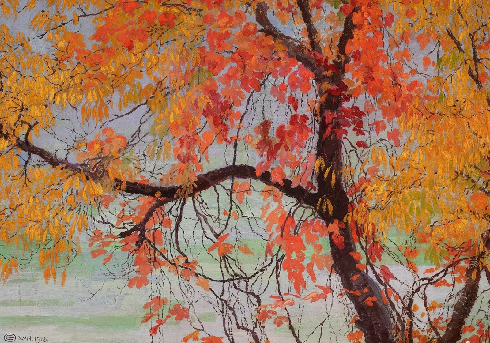 Albero d'autunno vibrante dipinto - Paesaggio d'arte vintage poster con telaio in alluminio da vintagepod
