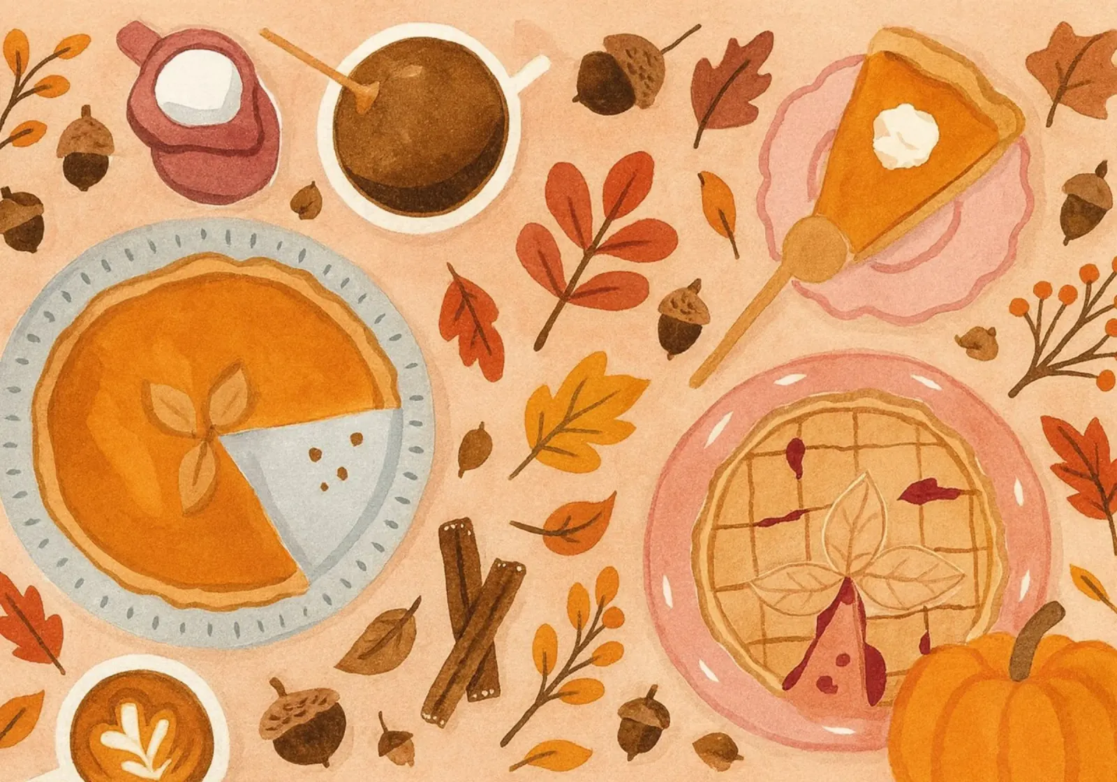 Thanksgiving Flat Lay Aquarel Kunst - Herfst Voedsel canvas met Baklijst van vintagepod