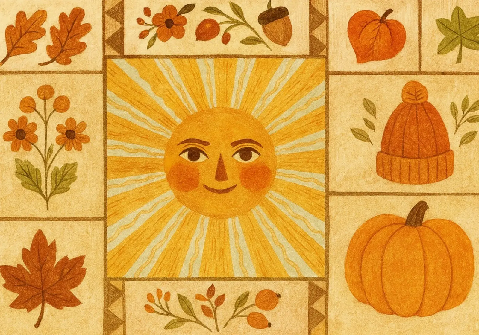 Mosaico di piastrelle autunnali vintage con sole sorridente poster con telaio in legno da vintagepod