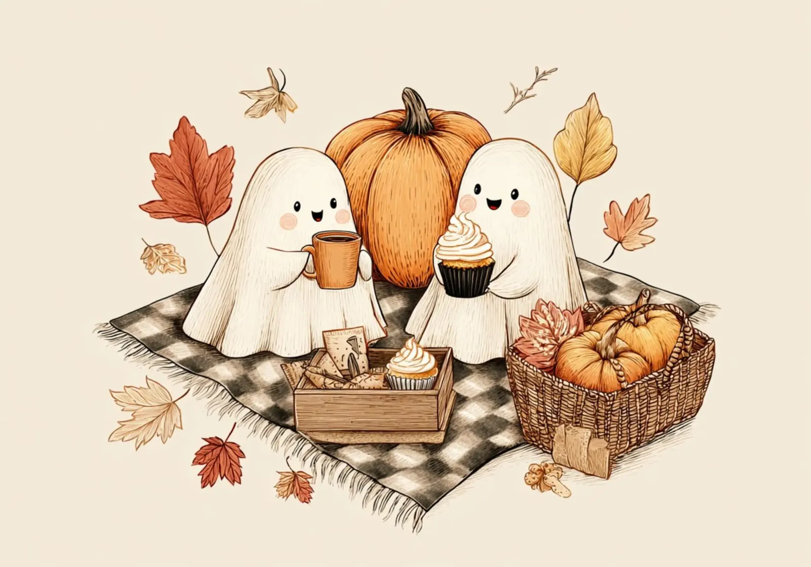 Picnic autunnale di fantasmi - Accogliente arte di Halloween poster con telaio in legno da vintagepod