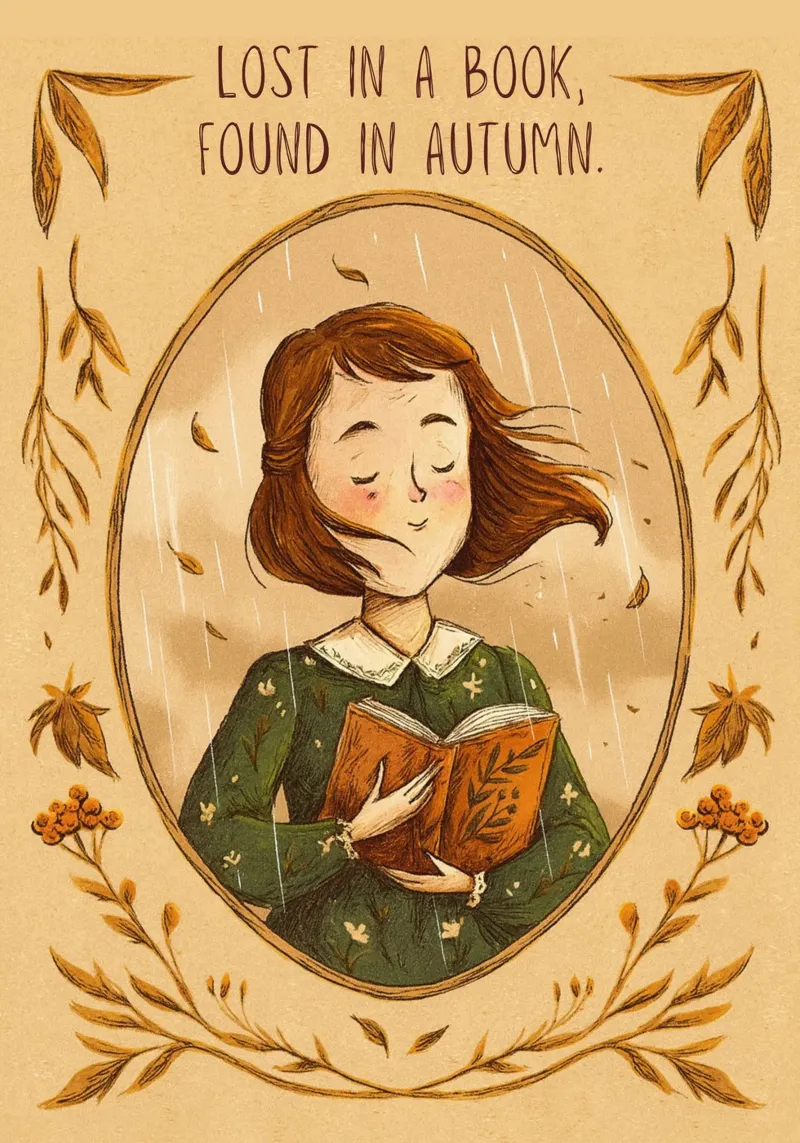 "Perso in un libro, ritrovato in autunno" - Cozy Art poster con telaio in alluminio da vintagepod